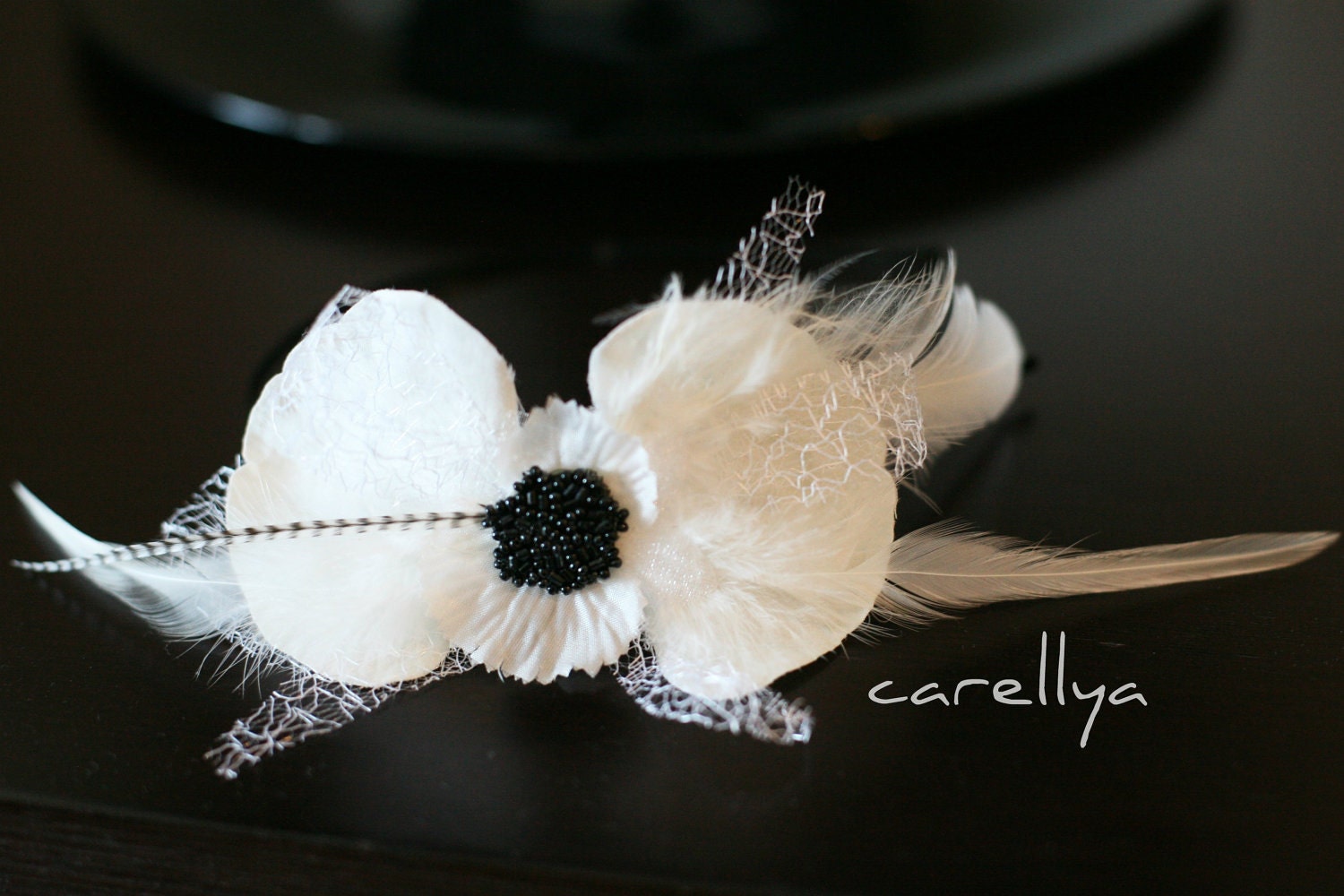 Black And White Headband With Feathers - Orchid Wedding Head Piece - EFRAT
