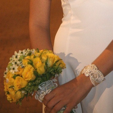 Beaded Pearls Bracelet  Vintage Lace Beaded Cuff -  Wedding Cuff Hand Embroidered  - DAFNA