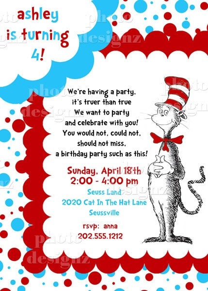 Dr. Seuss, Cat In The Hat 2,  Birthday Party Invitation - PRINTABLE INVITATION DESIGN