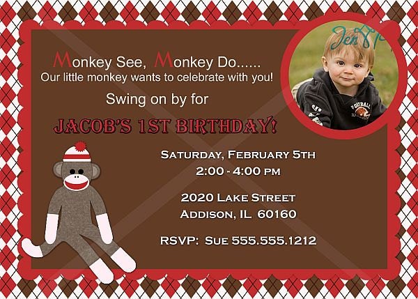 Red Argyle Sock Monkey Birthday Party Invitation - PRINTABLE INVITATION DESIGN