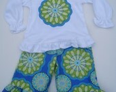 Girls ruffle pants/capri & tee/onesie  in Gypsy Bandana Periwinkle, Michael Miller Fabric by Baby Harrill