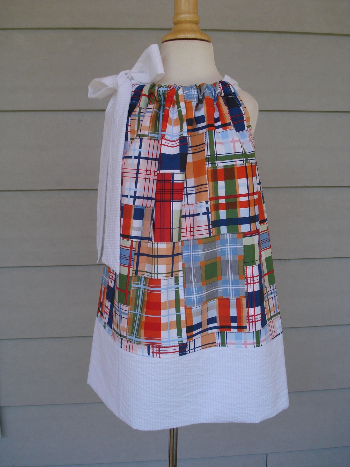 Girls Pillowcase Dress Coastal Madras with white seersucker trim & tie, Michael Miller fabric by Baby Harrill