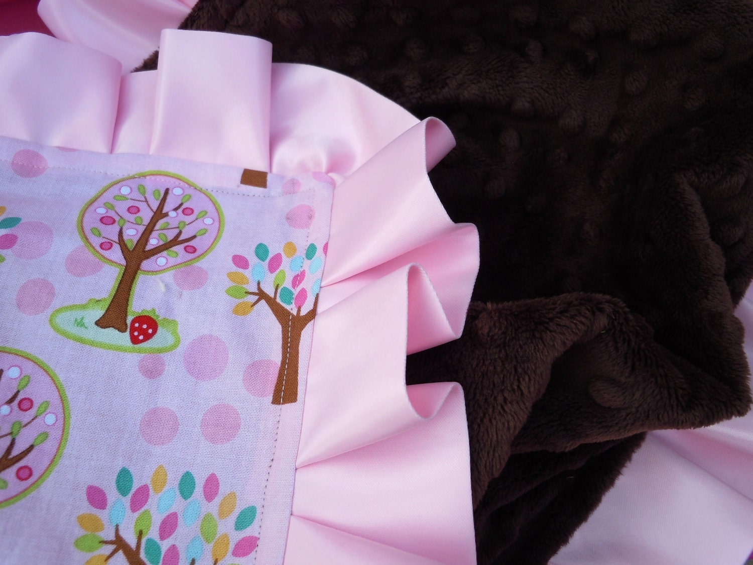 Trees in Pink Minky Binky with satin ruffle