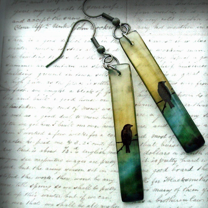 Haunted bird, resin earrings,solitude earrings,olive, blue,black