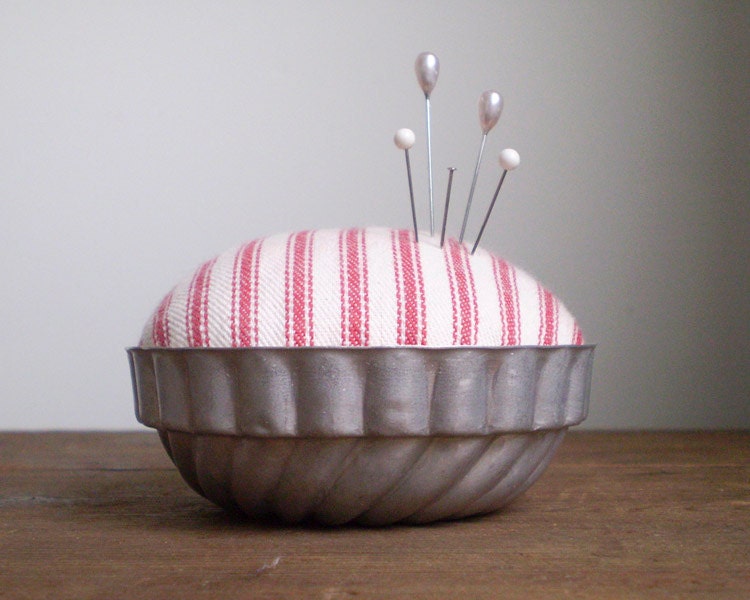 Jello Mold Pincushion - Rustic Red Cotton Ticking