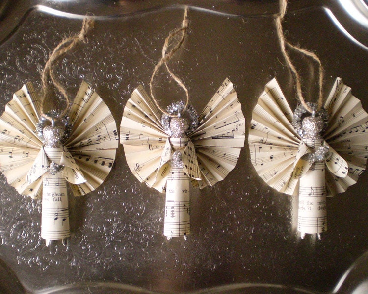 Clothespin Angels - Handmade Ornaments made with Vintage Sheet Music - Set of 3