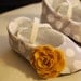 Baby Girl Shoes in Gray/White Polkadot Cotton and Mustard Yellow Felt Flower