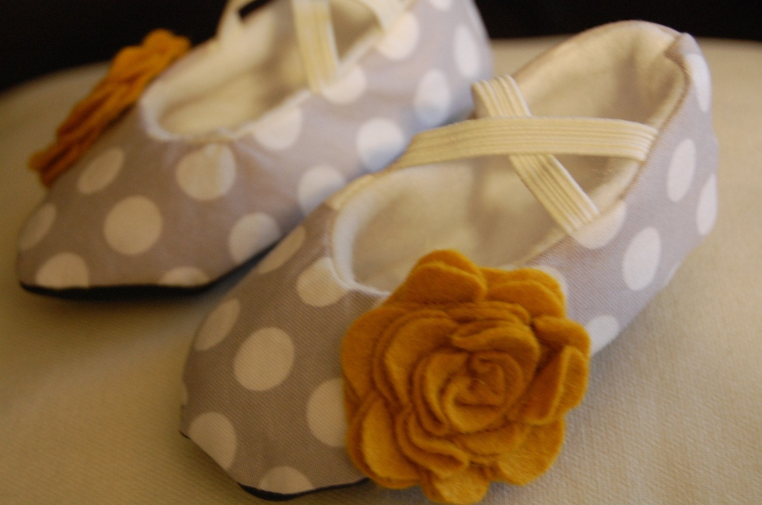 Baby Girl Shoes in Gray/White Polkadot Cotton and Mustard Yellow Felt Flower