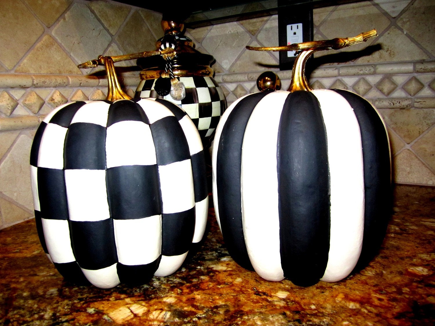 ON SALE Stripe Black White Pumpkin Decor Fall Thanksgiving Halloween