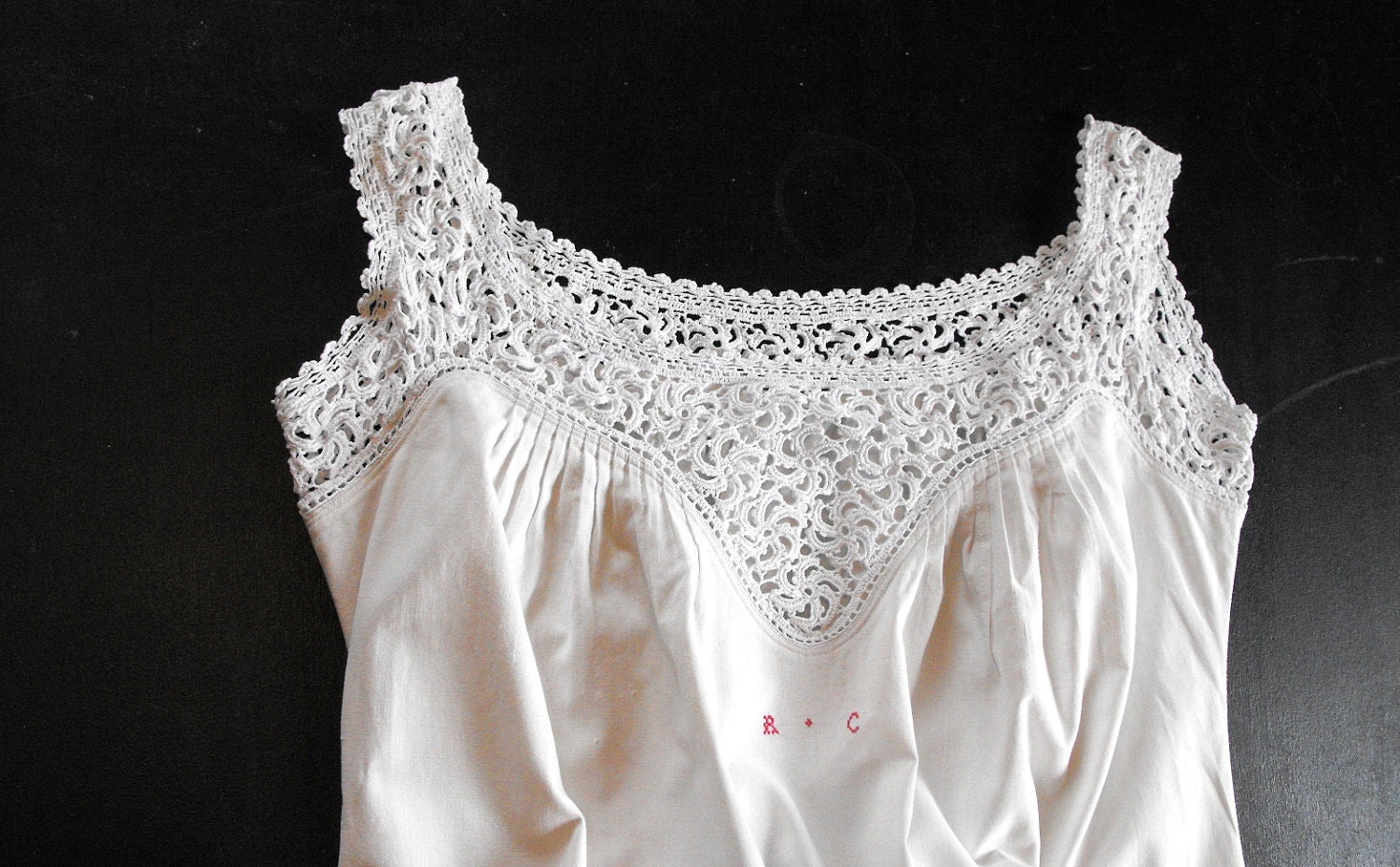 French Vintage Nightgown with Lovely Hand Crocheted Yoke