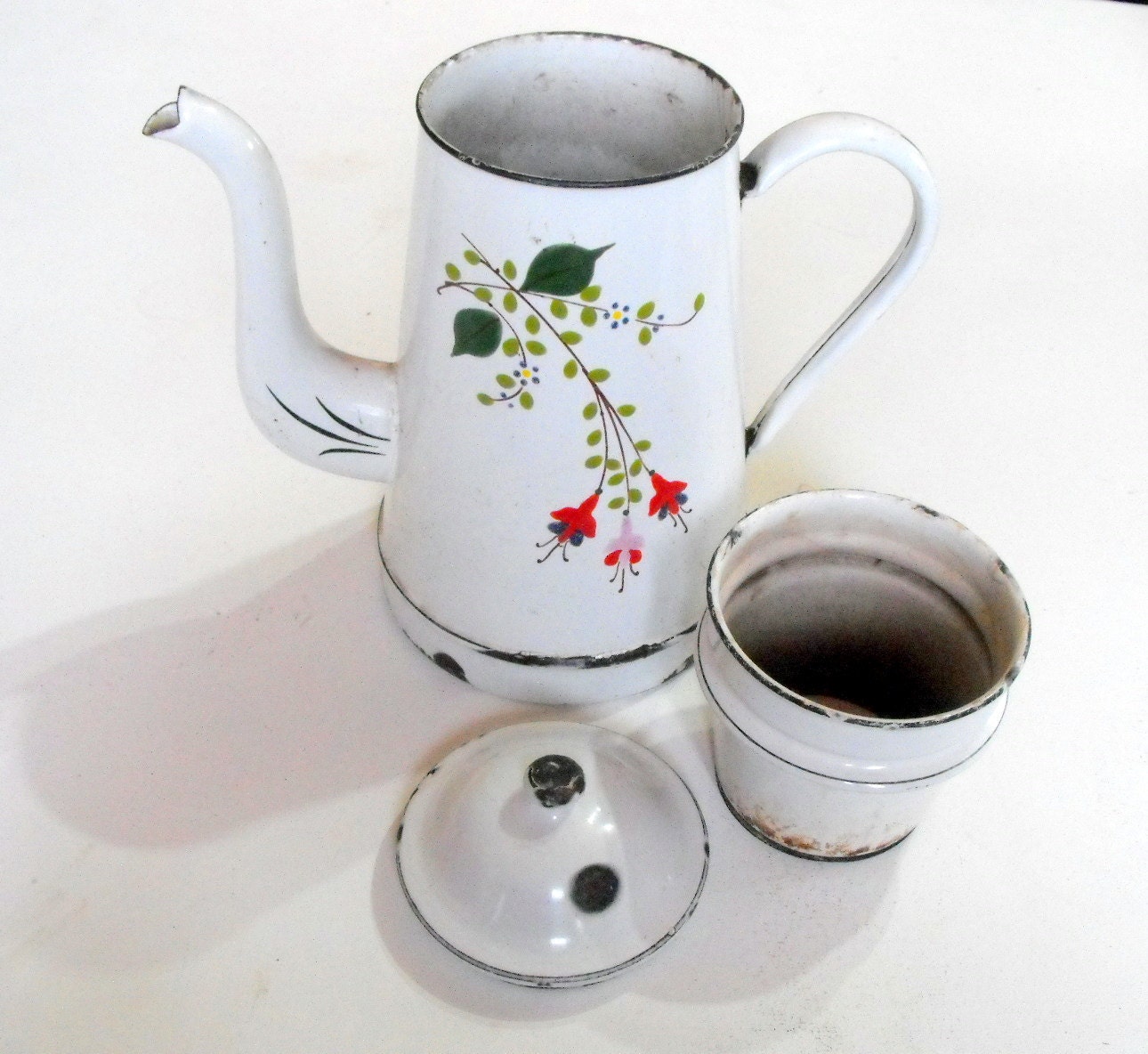 ON SALE Antique French Enamelware Coffee Pot