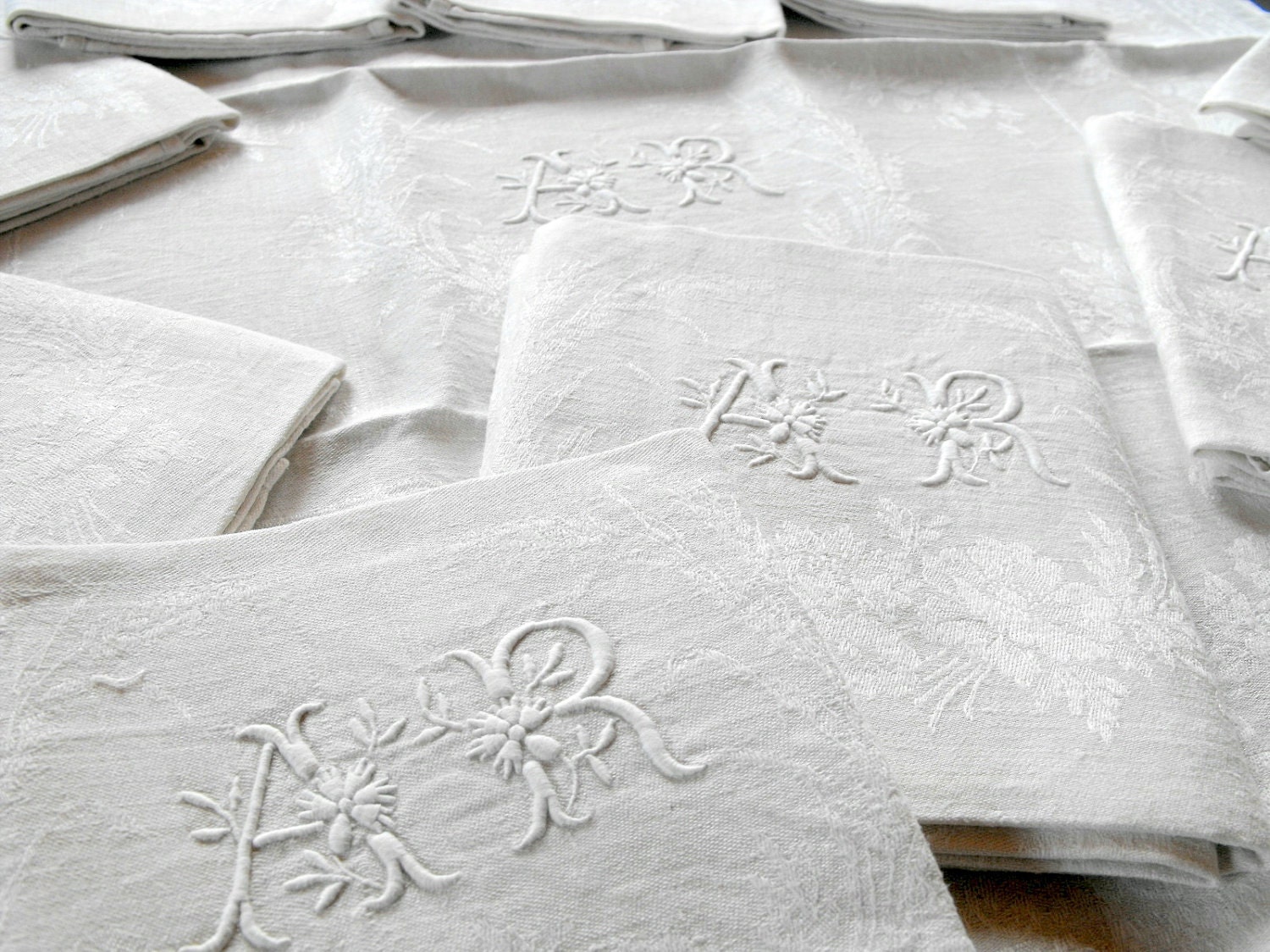 ON SALE French Damask Tablecloth with 12 Napkins Vintage Finely Embroidered Initials