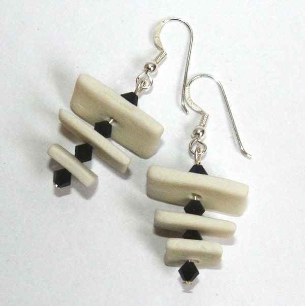 Black and white porcelain earrings with black Swarovski and sterling silver hooks earrings - MagArtStudio