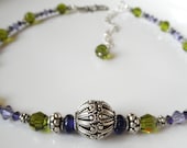 Swarovski Crystal Necklace - Crystal Choker - Bali Sterling Silver Necklace - Purple and Green - Tanzanite - Olive - Crystal Jewelry - OOAK