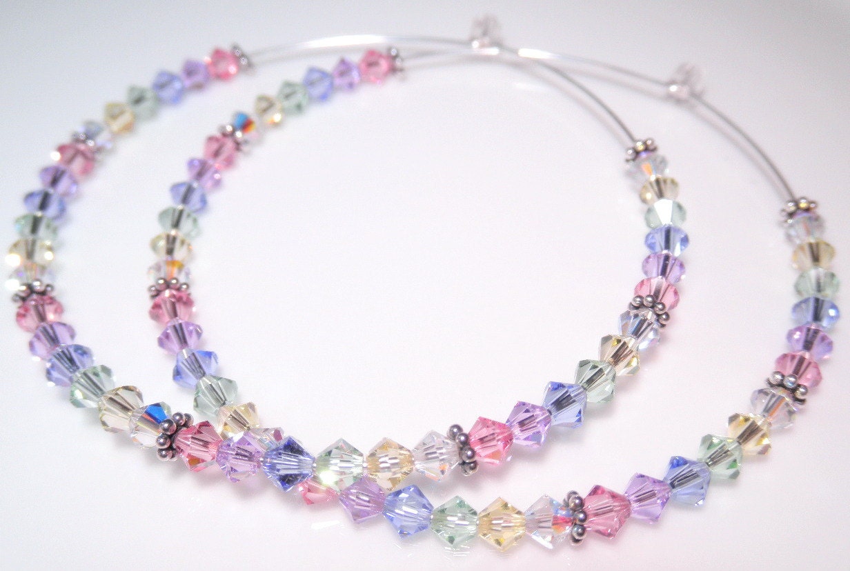 Swarovski Crystal Hoop Earrings - Pastel - Rainbow Hoops - Crystal Hoops - Handmade - Large Beaded - Pastel Hoops - Sterling Silver Hoops
