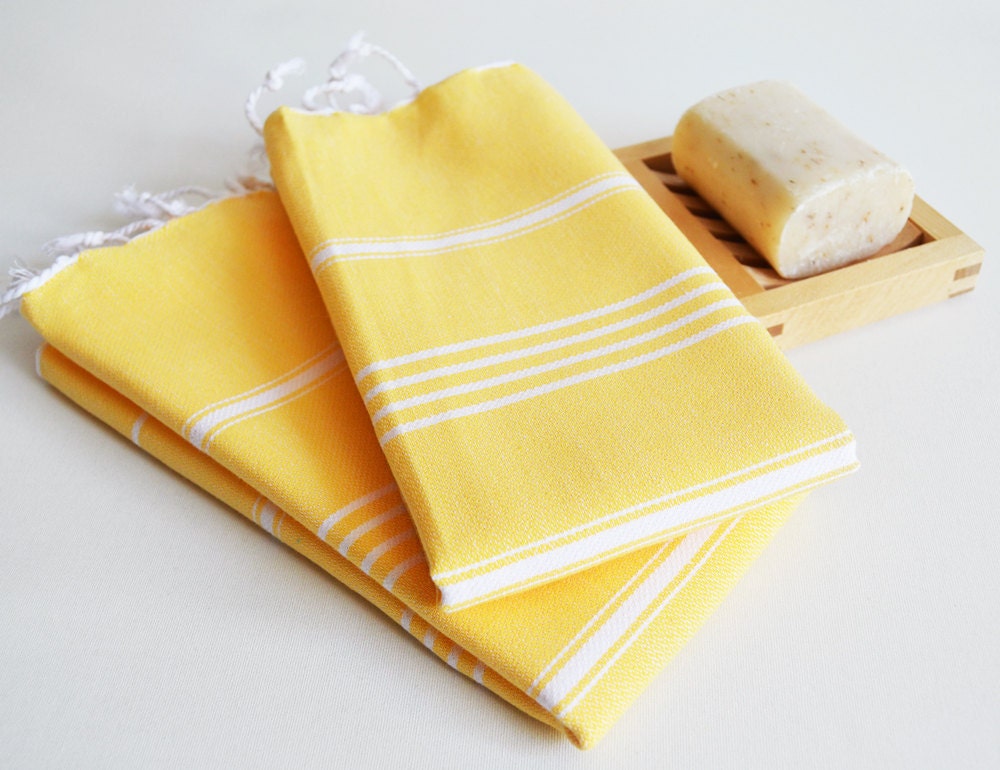 SET 2 Head and Hand Towel Peshkir - Yellow (white striped)