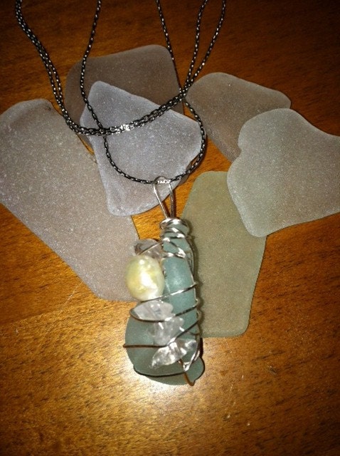 Tidal Treasure - aqua seaglass pearl and crystal pendant/necklace