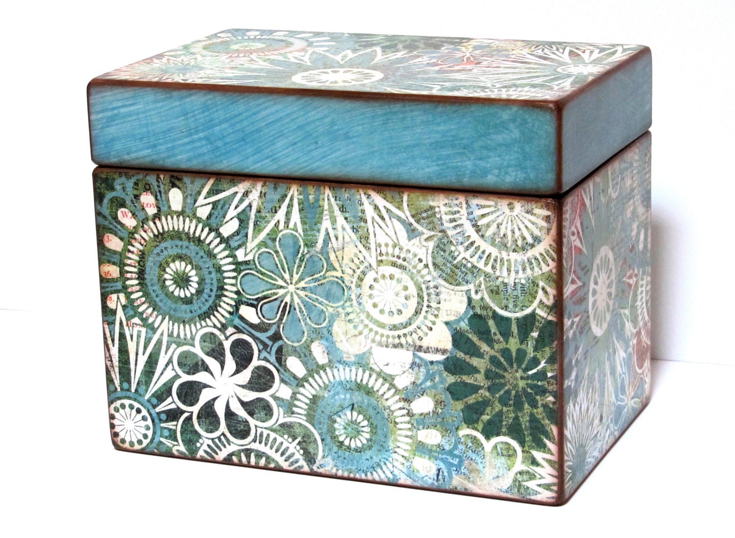 Recipe Box with Teal and Turquoise Flowers - 4x6 inch wooden recipe card box