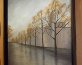 Watch your Step - Street Scene Rainy Day Trees Acrylic Painting original art 20 X 16 Unframed
