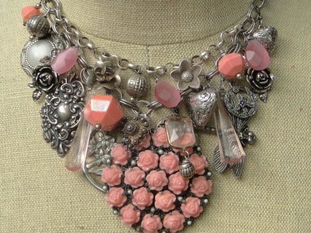 TREASURY ITEM...Pink and Silver Hearts and Flowers Nature Vintage Assemblage Statement  Necklace N130