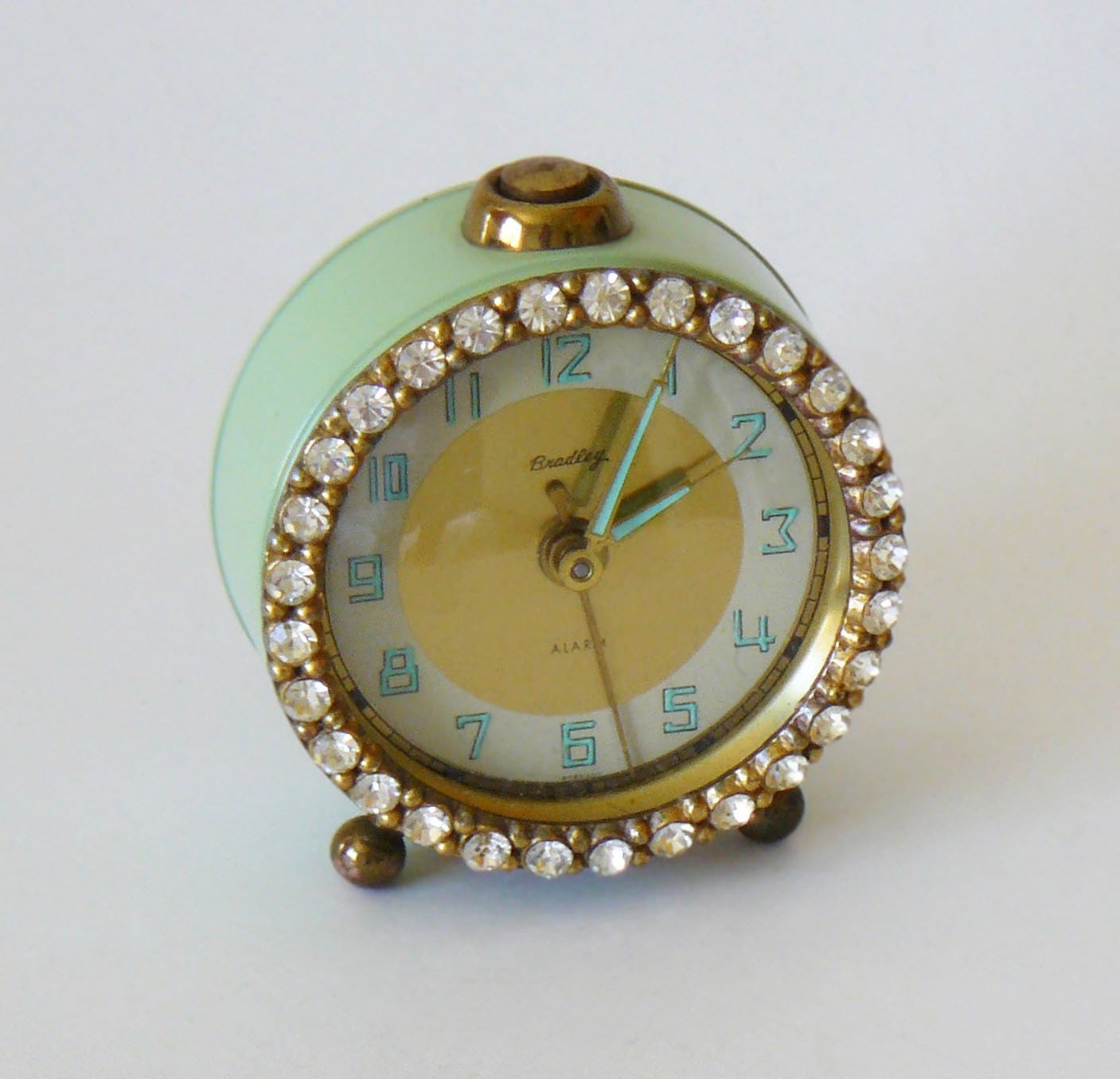 Vintage Jadeite Green Bradley Rhinestone Alarm Clock