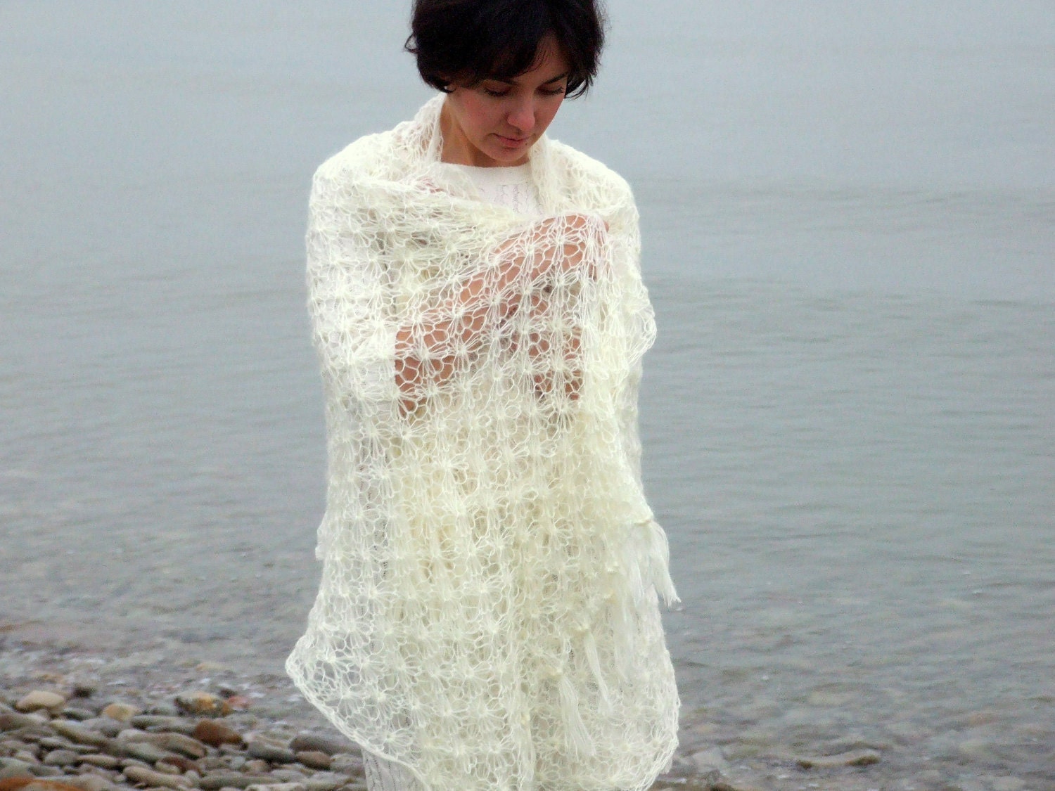 Bridal knitted shawl in ivory white  - made to order