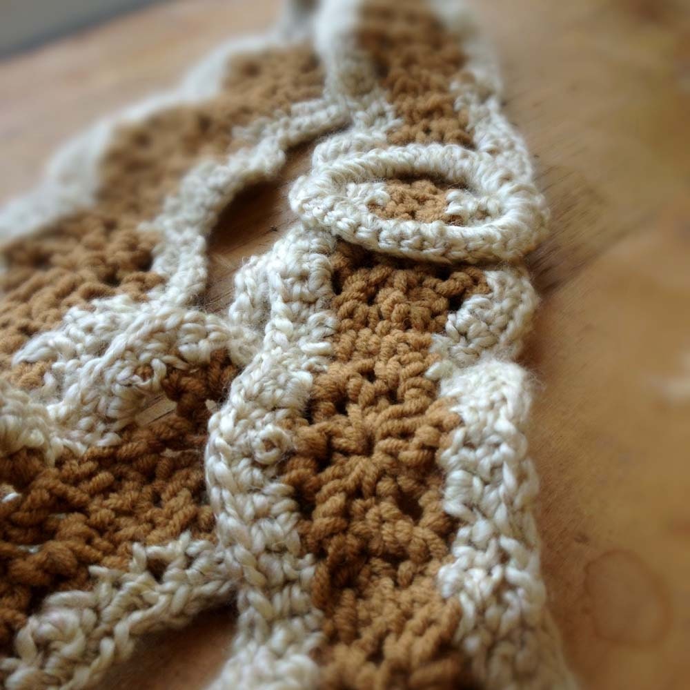 Crochet Boho Wrap Belt, Tan and Off-White