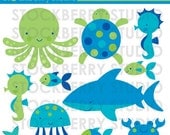 Blue Sea Personal and Commercial Use Vector Clipart Set - Instant Download