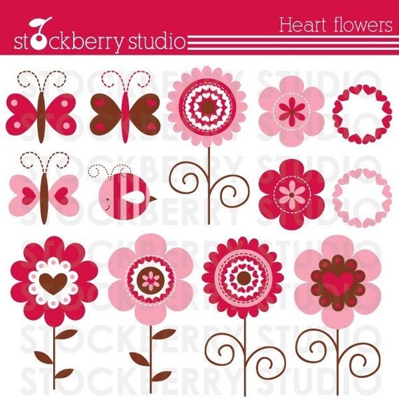 Heart Flowers Personal and Commerical Use Clipart Set Il_570xn