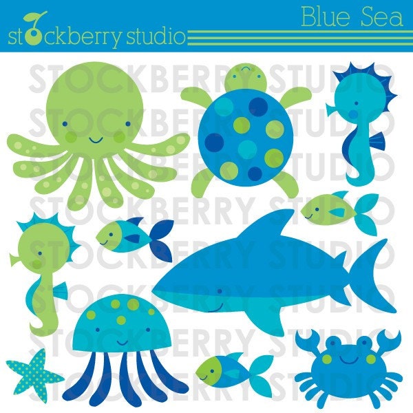 Blue Sea Personal and Commercial Use Vector Clipart Set - Instant Download Il_570xn