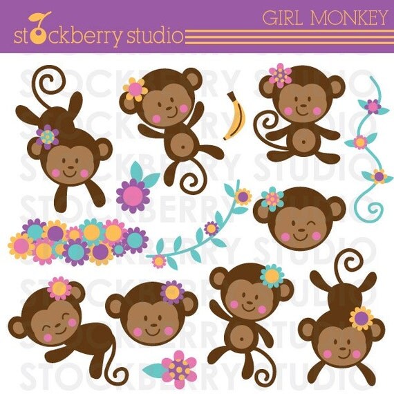 Girl Monkey Personal and Commerical Use Clipart Set Il_570xn