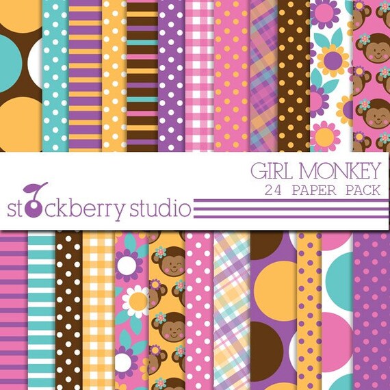 Girl Monkey Digital Scrapbooking Paper Pack Il_570xn