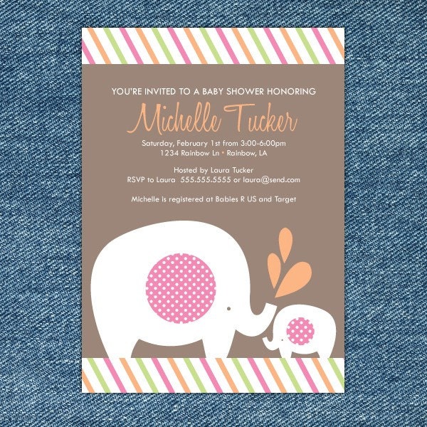 Girl Elephant Baby Shower Printable Invitation Hot Pink Orange Green Il_570xn