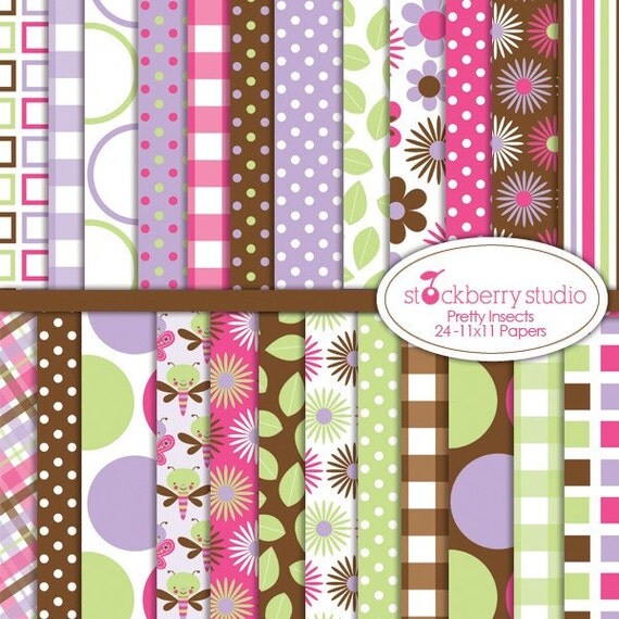 Pretty Insects Digital Scrapbooking Paper Pack Il_570xn