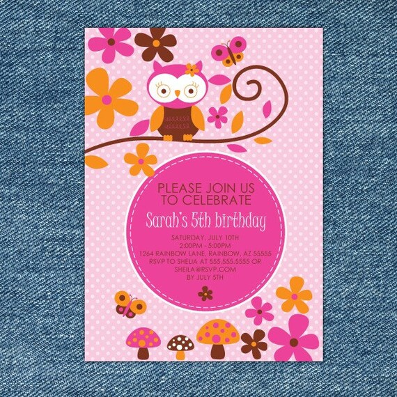 Owl Hot Pink, Brown and Orange Printable Invitation Il_570xn