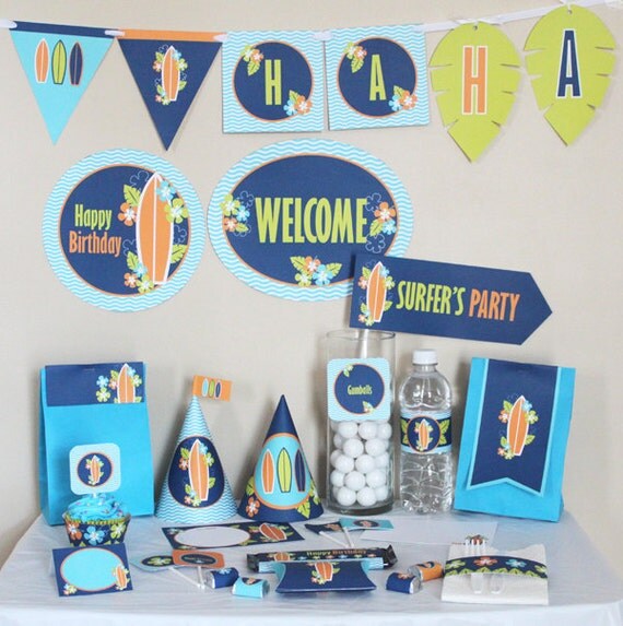 Hawaiian Luau Surfer Boy DIY Printable Birthday Party Kit - INSTANT DOWNLOAD Il_570xn