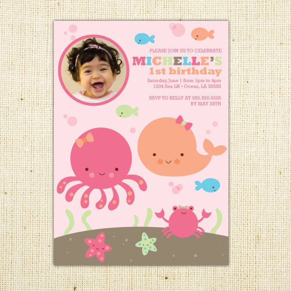 Under the Pink Sea Printable Photo Birthday Party Invitation party 5x7 invitation Il_570xn