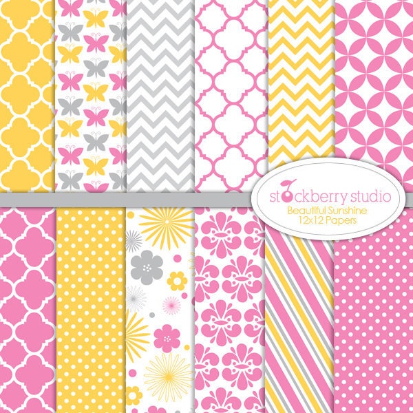 Beautiful Sunshine Digital Scrapbooking 12-12x12 Paper Pack - INSTANT DOWNLOAD Il_570xn