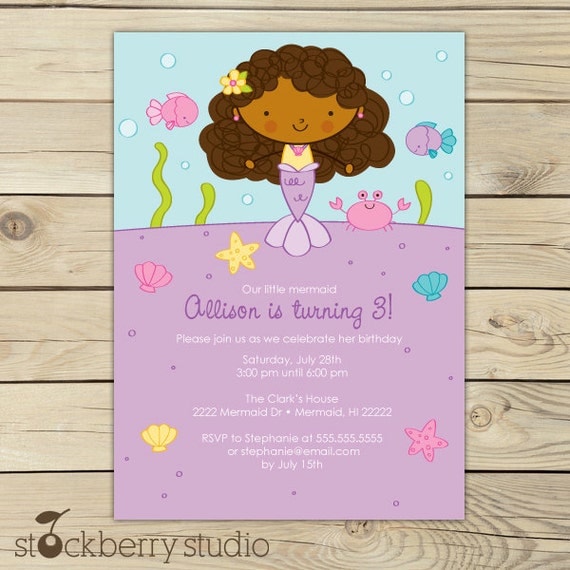 African American Mermaid 5x7 Printable Birthday Invitation Il_570xn