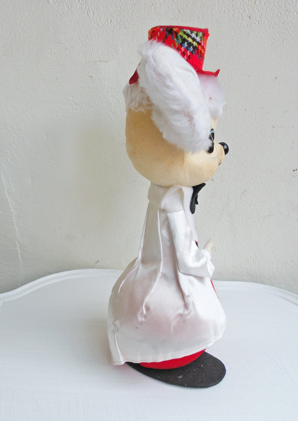 Vintage Santa Claus Mouse Mid Century Flocked Santa Figurine Doll Christmas Decor White Red Plaid Clothes Hat Christmas Doll