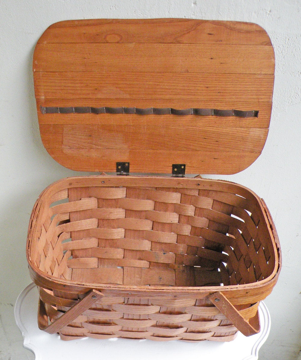 Vintage Picnic Basket Woven Wood Slat Basket With Handles Flip