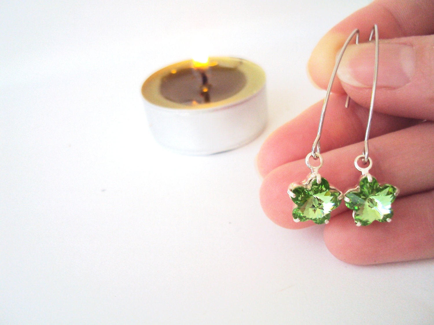 Green Flower Dangle Earrings - Romantic Bright Crystal Hooks, Long Hoops, Flower Rhinestone, Drop Earrings