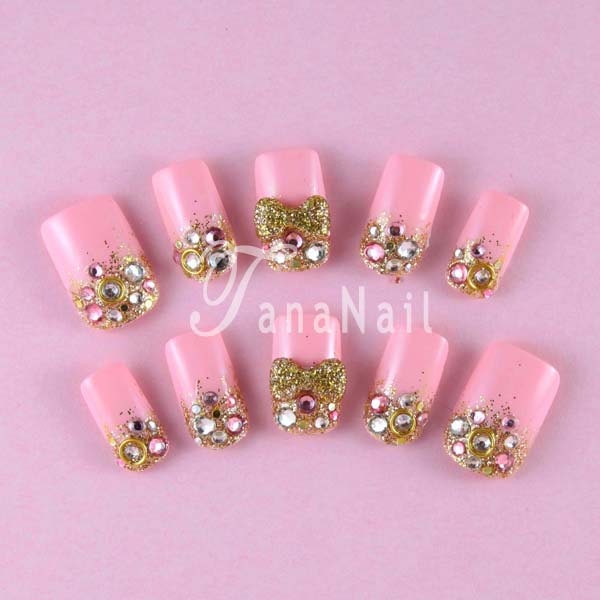 Japanese Nail Art - Pink Nail Tips with Gold Ribbon and Glitters (T046N)