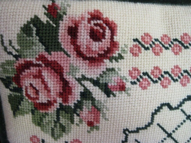 Hand Stitched Needlepoint Pillow - Shabby Chic Cabbage Roses