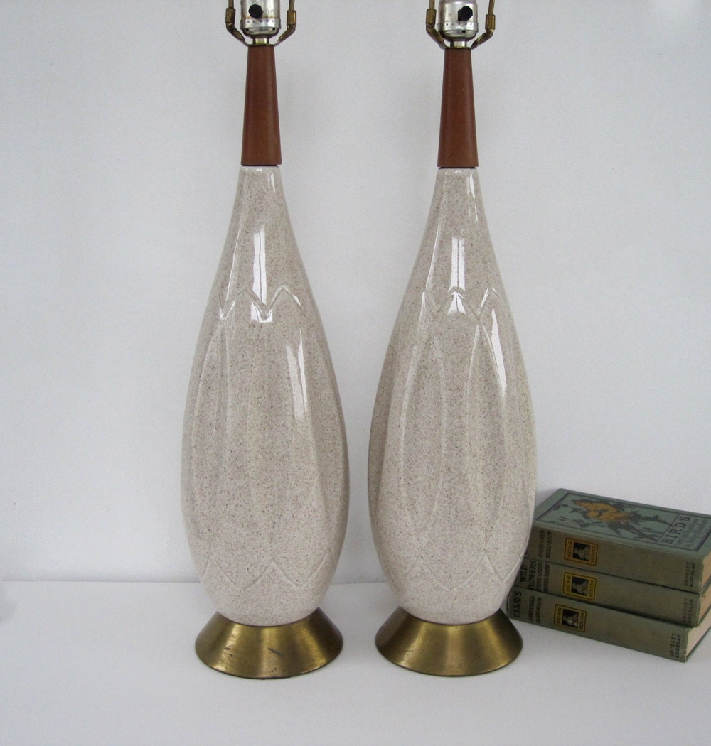 Table Lamps Ceramic Mid Century Danish Beige Speckled Pair