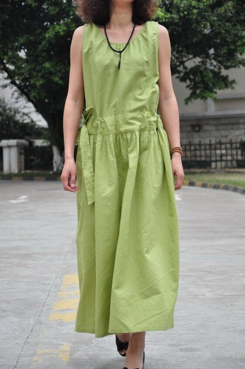 Green apple/women/dress/drawingstring round collar long dress/14 colors/custom made