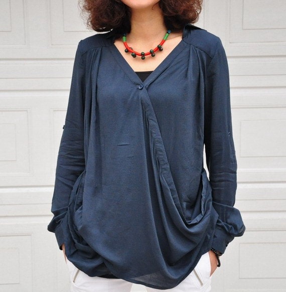Tee/pleated loose light cotton shirt/3 colors/custom made