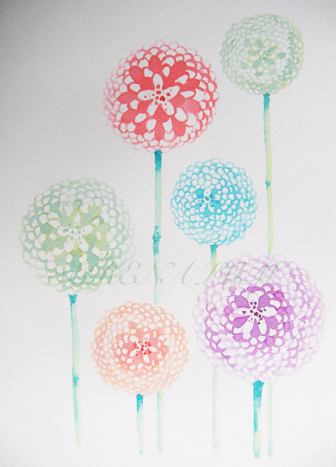 Dahlia Flowers Watercolors Paintings Original 6.5" x 10"