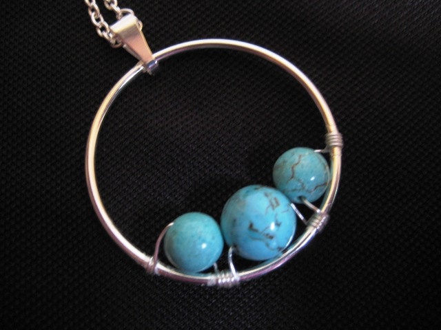 Turquoise and Silver Hoop Wire Wrapped Necklace