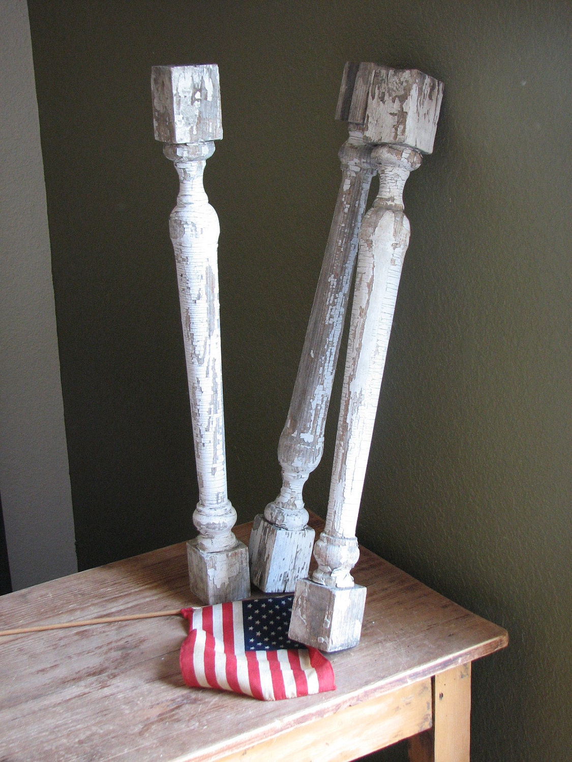 Collection of Three Wooden Spindles - Vintage Chippy Architectural Salvage - White Rustic Decor - Porch Rail